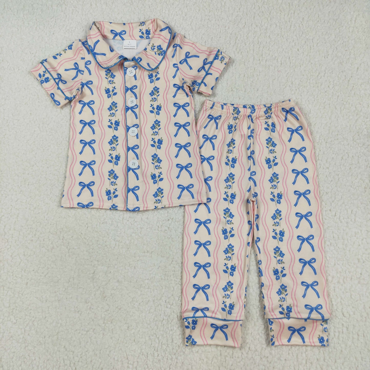 GSPO2050 Baby Girls Short Sleeves Blue Bows Flower Stripe Top Pants Pajamas Set 7.21