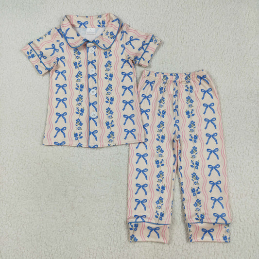 GSPO2050 Baby Girls Short Sleeves Blue Bows Flower Stripe Top Pants Pajamas Set 7.21