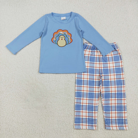 BLP1079 Embroidery Baby Boys Blue Long Sleeves Turkey Top Plaid Flame Pant Set 7.15