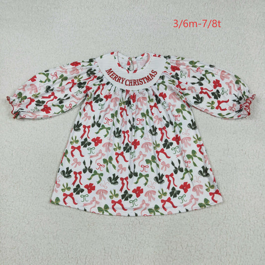 GLD1094 Baby Girls Long Sleeves Smocked Merry Christmas Colorful Bows Knee Length Dress 7.28