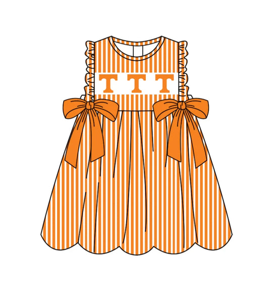 C11.28 Custom Moq 5 Baby Girls Sleeveless Orange Stripe T Bows Team Knee Length Dresses