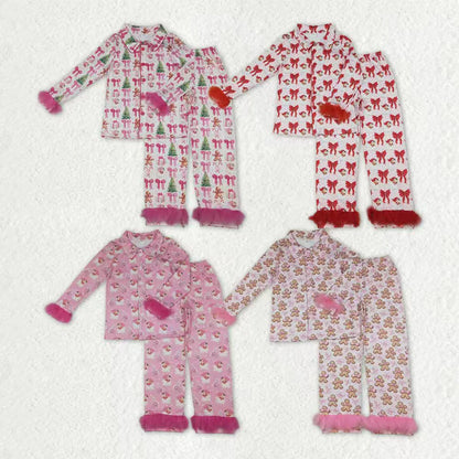 Sibling Adult Women Bows Santa Trees Button Top Pants Christmas Fur Pajamas Sets C10.25