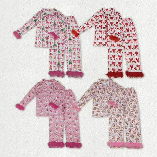Sibling Adult Women Bows Santa Trees Button Top Pants Christmas Fur Pajamas Sets C10.25
