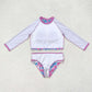 S0259 Floral rose pink lace blue long sleeve swimsuit