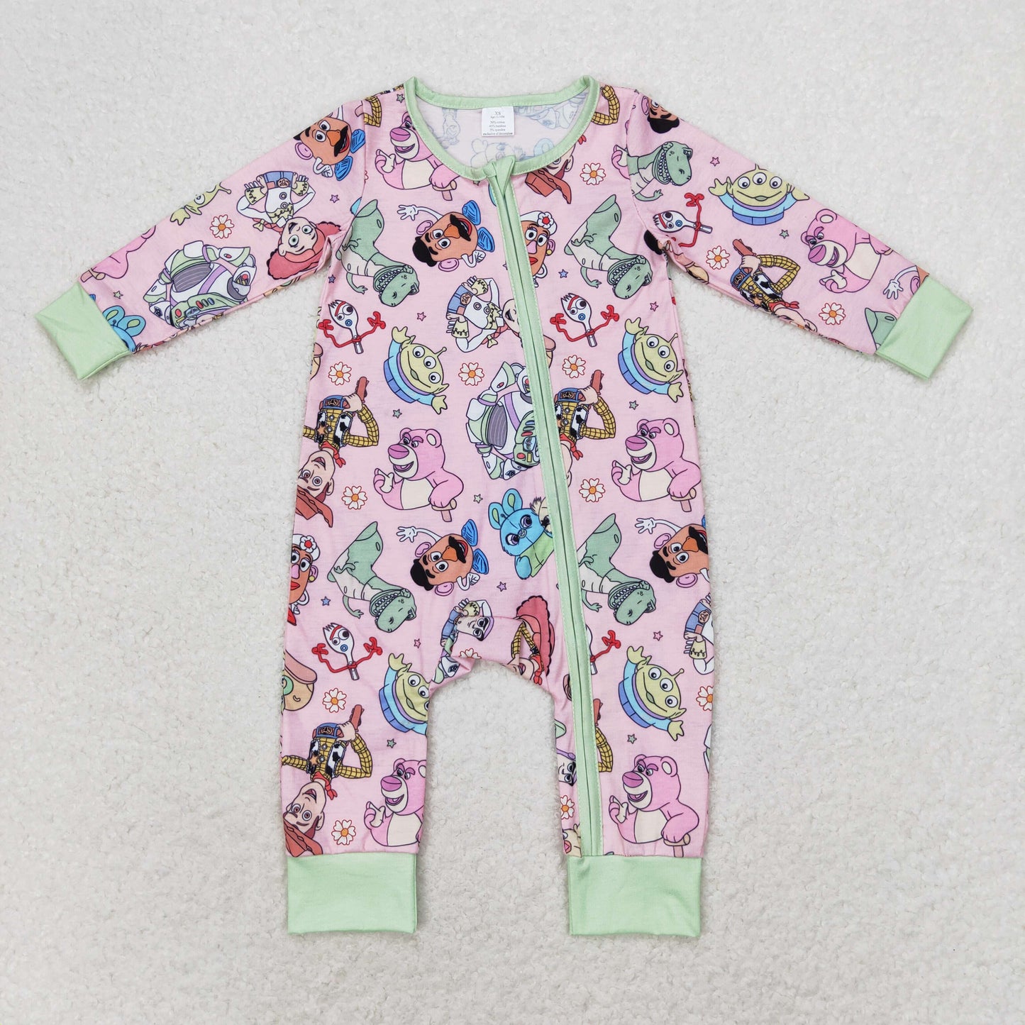 LR0970 Bamboo Boys cartoon Pink green zipper long sleeve onesie