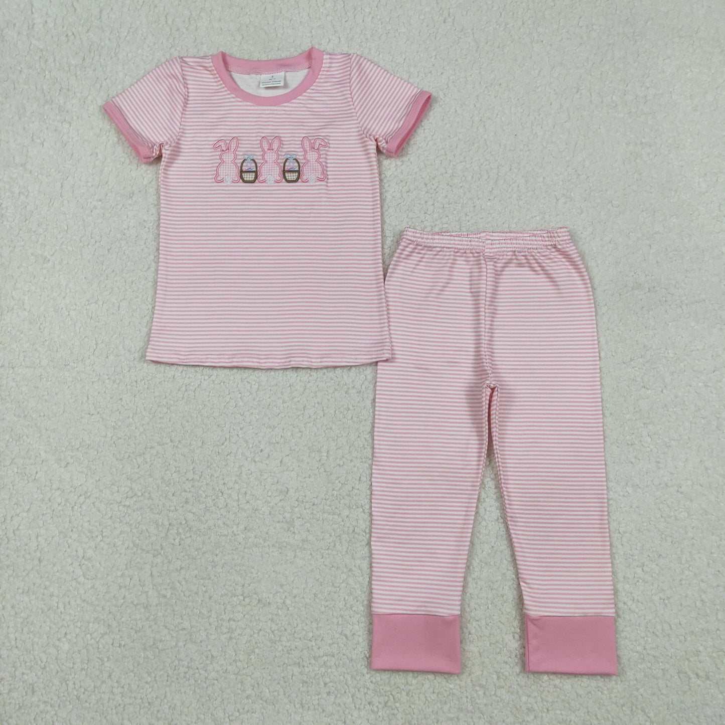 GSPO2117 Embroidery Embroidery Rabbits Eggs Baby Girls Pink Stripe Top Pants Easter Pajamas Set C12.8