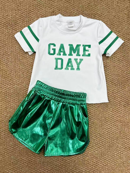 GT1103+SS0410 Baby Girls Vinyl Green Game Day Top Leather Shorts Team Active Set C8.23