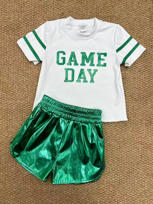 GT1103+SS0410 Baby Girls Vinyl Green Game Day Top Leather Shorts Team Active Set C8.23