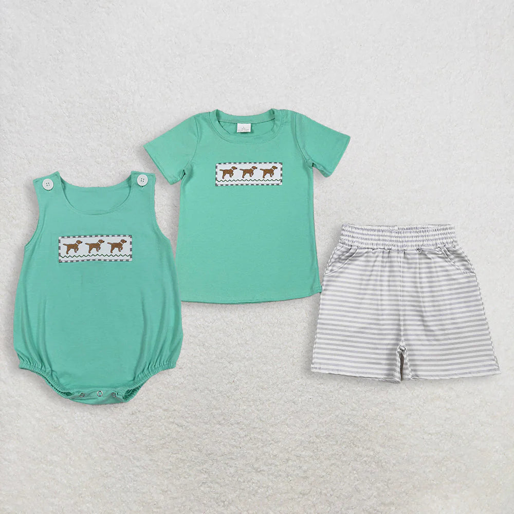 RTS Sibling Baby Boys Embroidery Dogs Top Pockets Stripe Shorts Hunting Clothes Set Rompers