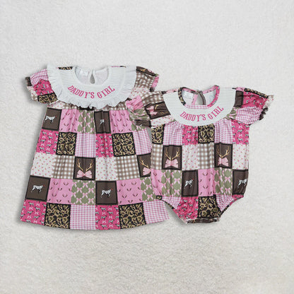 RTS Sibling Smocked Daddy's Girl Bows Deer Checked Hunting Knee Length Dress Ruffle Rompers