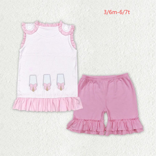 GT0534+SS0181 Embroidered bow ice cream pink polka dot sleeveless top Pink purple lace shorts set