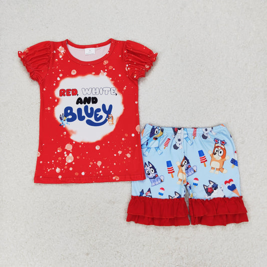 GSSO0543 4th of July Girls cartoon dog red short sleeve lace Popsicle blue shorts set