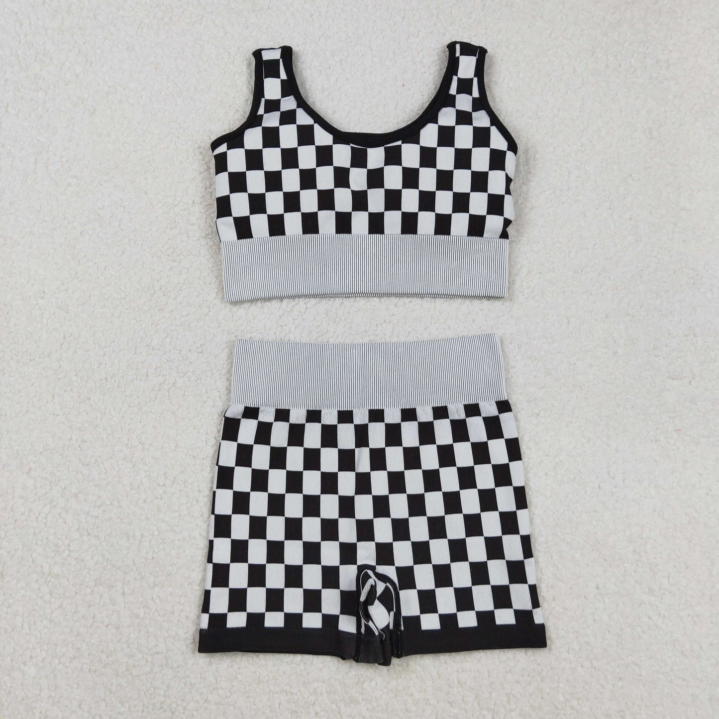 GT1189+SS0644 Adult Women Black Checkered Crop Bra Top Shorts Yoga Outfits Set C9.2