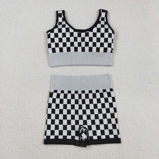 GT1189+SS0644 Adult Women Black Checkered Crop Bra Top Shorts Yoga Outfits Set C9.2