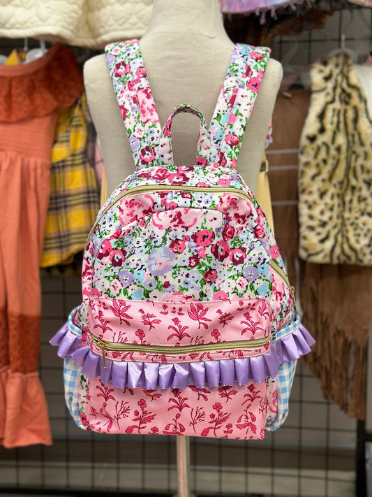BA0099 blue and purple flower lace plaid backpack