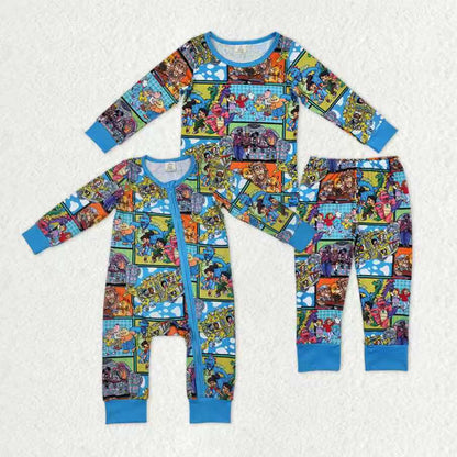 Sibling Baby Boys Cartoon Kid Animals Bamboo Pant Pajamas Sets Zipper Footie Rompers C11.14