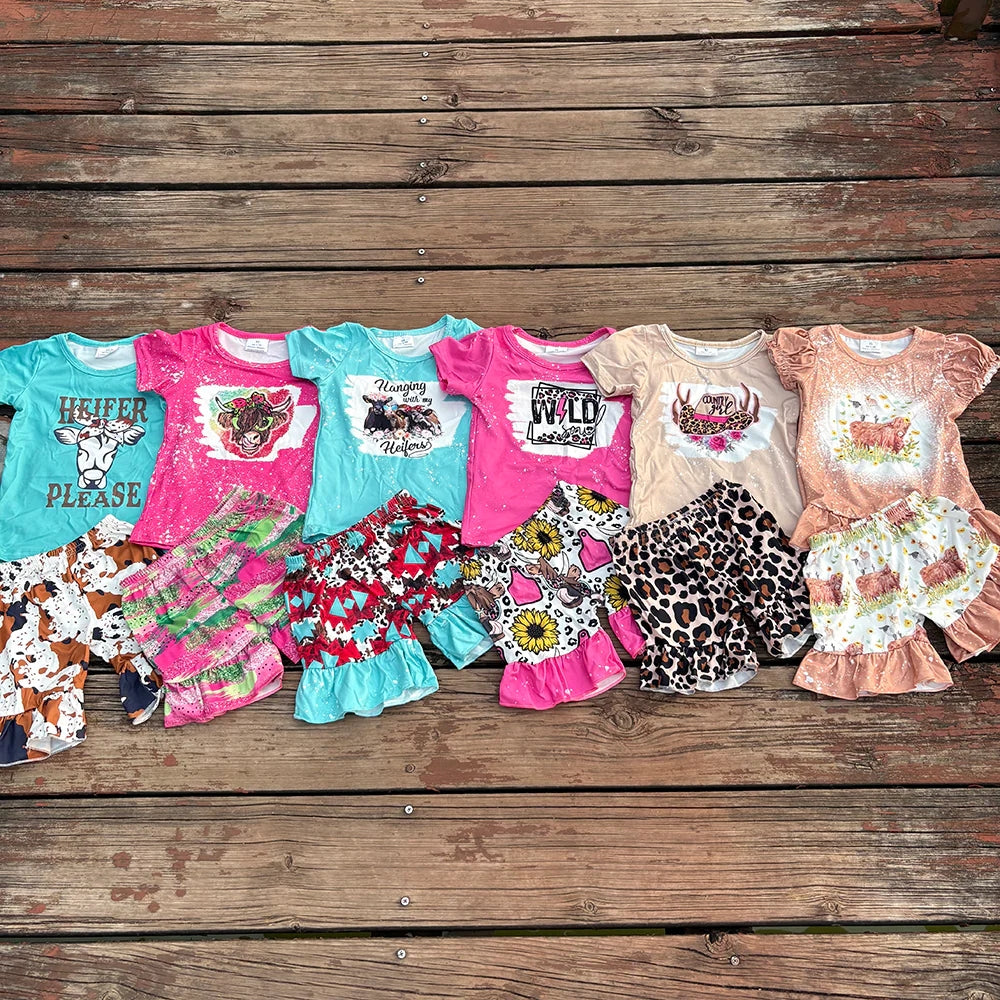 Sibling Baby girls cowgirls summer shirts shorts western outfits sets 8.11