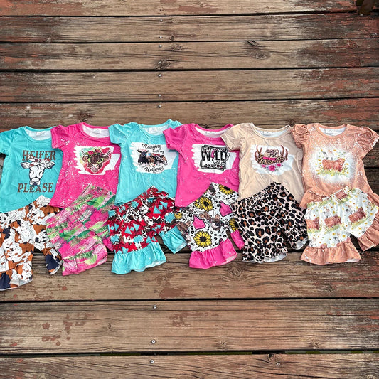 Sibling Baby girls cowgirls summer shirts shorts western outfits sets 8.11