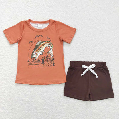 BT0507+SS0134 Baby Boys Orange Fishing Tee Shirts Brown Shorts Summer Clothes Set