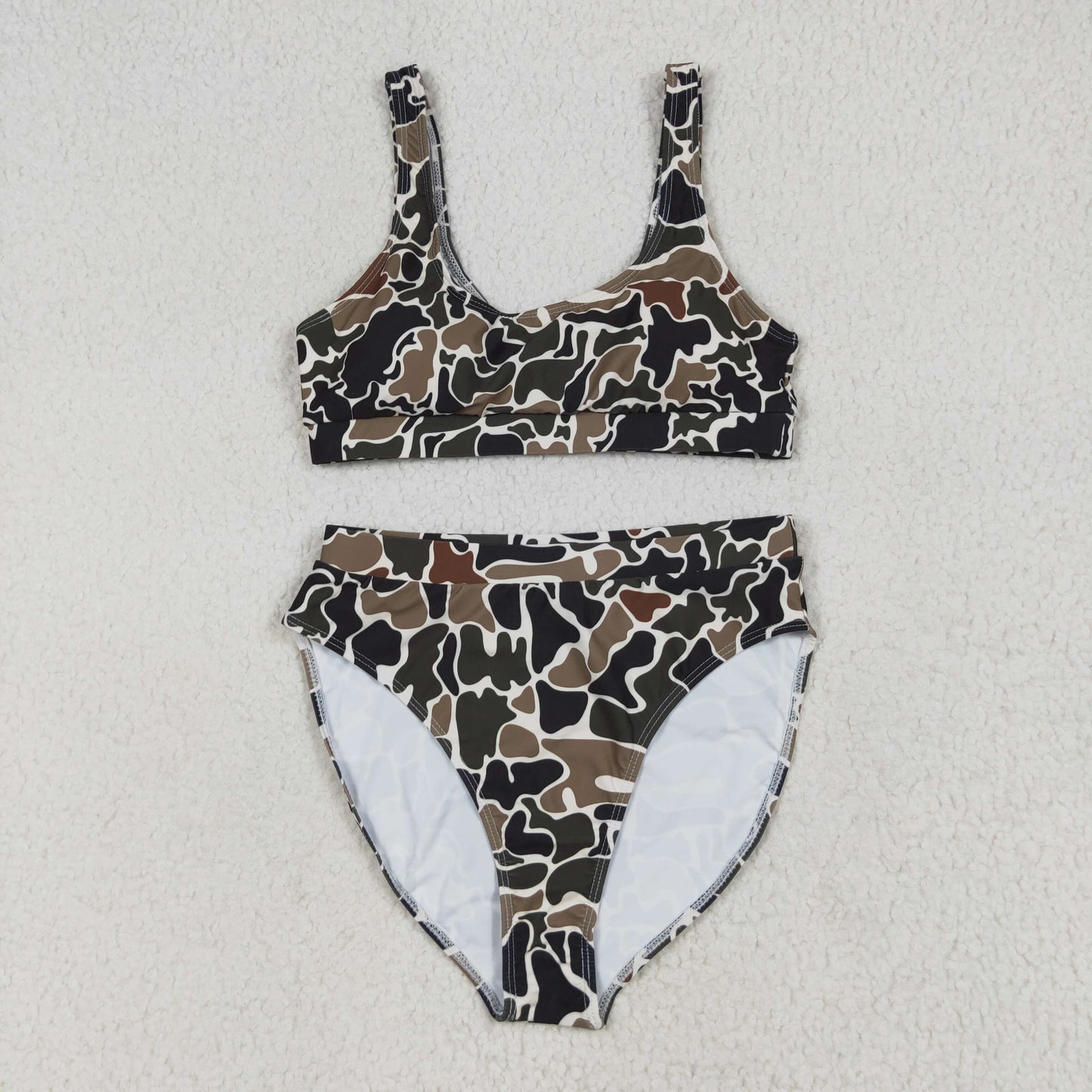 S0565 Adult Women Duck Brown Camo Top Bottom Swimsuits Set