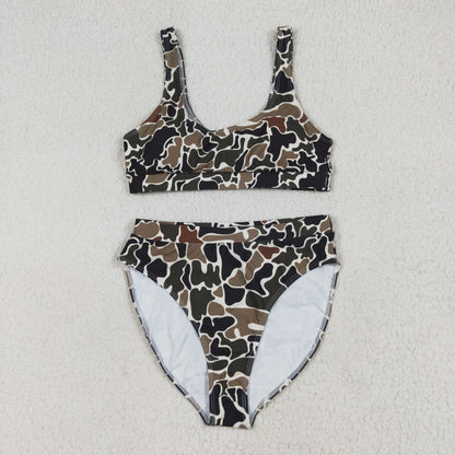 S0565 Adult Women Duck Brown Camo Top Bottom Swimsuits Set