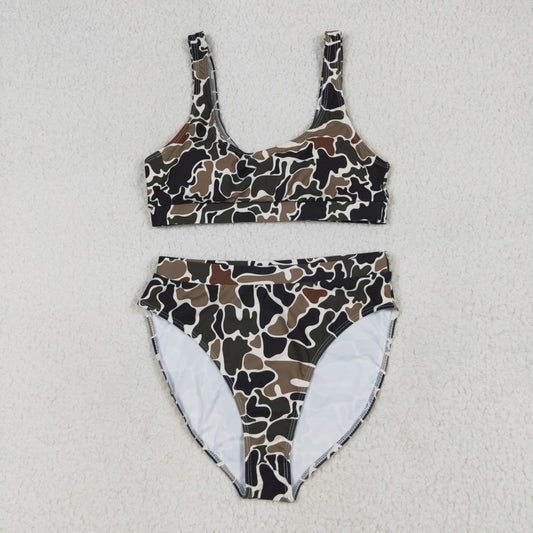 S0565 Adult Women Duck Brown Camo Top Bottom Swimsuits Set