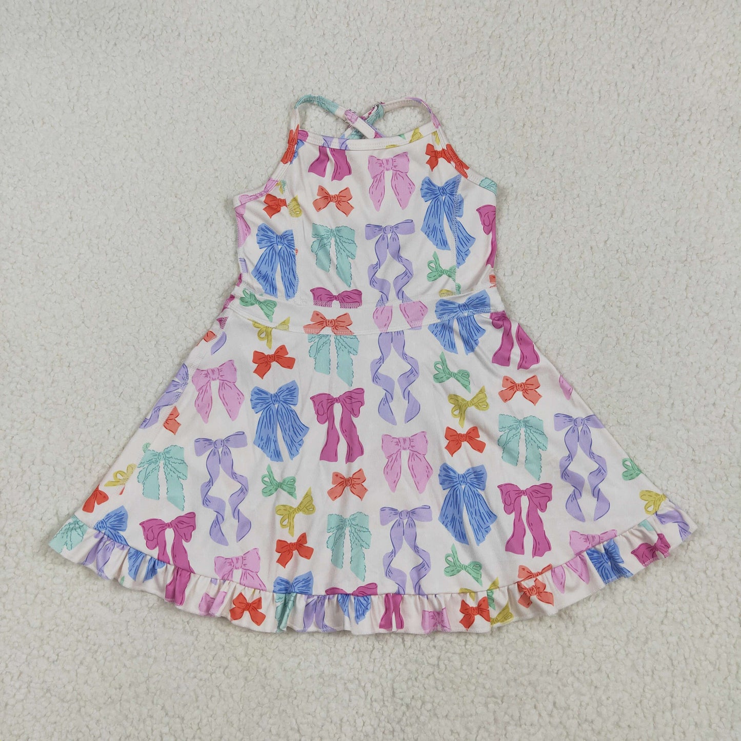 GSD2291 Baby Girls Strap Colorful Bows Yoga Ruffle Knee Length Dress 5.8