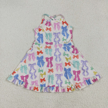 GSD2291 Baby Girls Strap Colorful Bows Yoga Ruffle Knee Length Dress 5.8