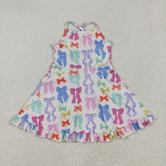 GSD2291 Baby Girls Strap Colorful Bows Yoga Ruffle Knee Length Dress 5.8
