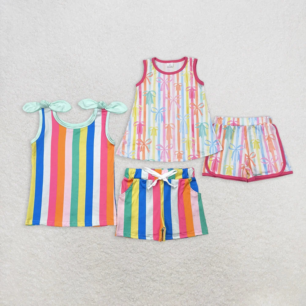 Sibling Baby Girls Sleeveless Colorful Stripe Bows Top Shorts Sets 5.6