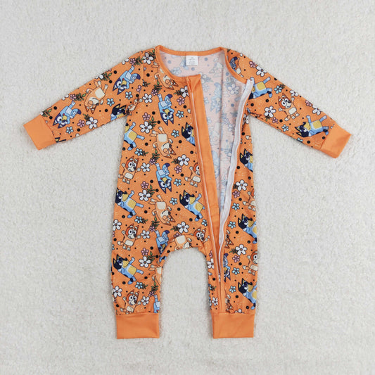 LR0982 Bamboo cartoon dog flower orange zip-up long-sleeved onesie