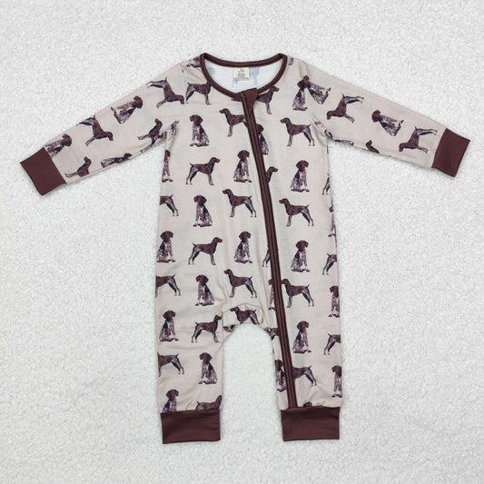 LR1759 Baby Infant Boys Brown Dogs Bamboo Long Sleeve Zip Romper