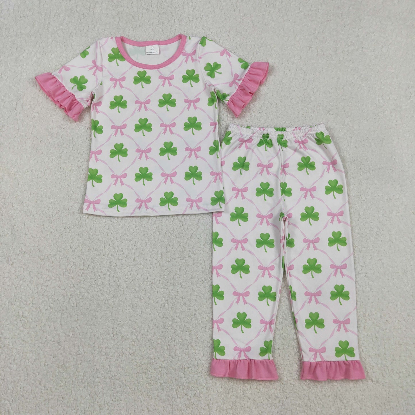 GSPO1838 Baby Girls Pink Quatrefoil St Patrick Tee Shirt Pants Pajamas Clothes Set C11.26