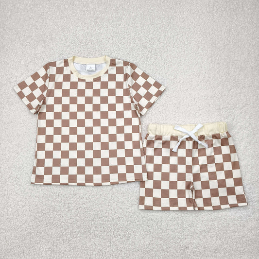 BSSO1422 Baby Boys Khaki Plaid Short Sleeves Top Short Pajamas Set