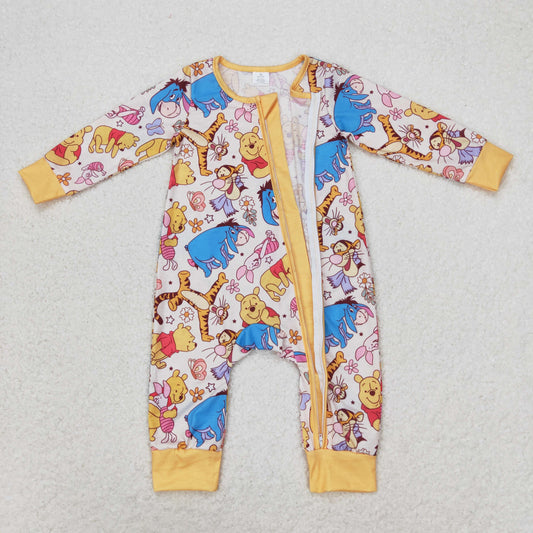 LR0971 Bamboo cartoon Bear flower orange zipper long sleeve onesie