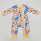 LR0971 Bamboo cartoon Bear flower orange zipper long sleeve onesie