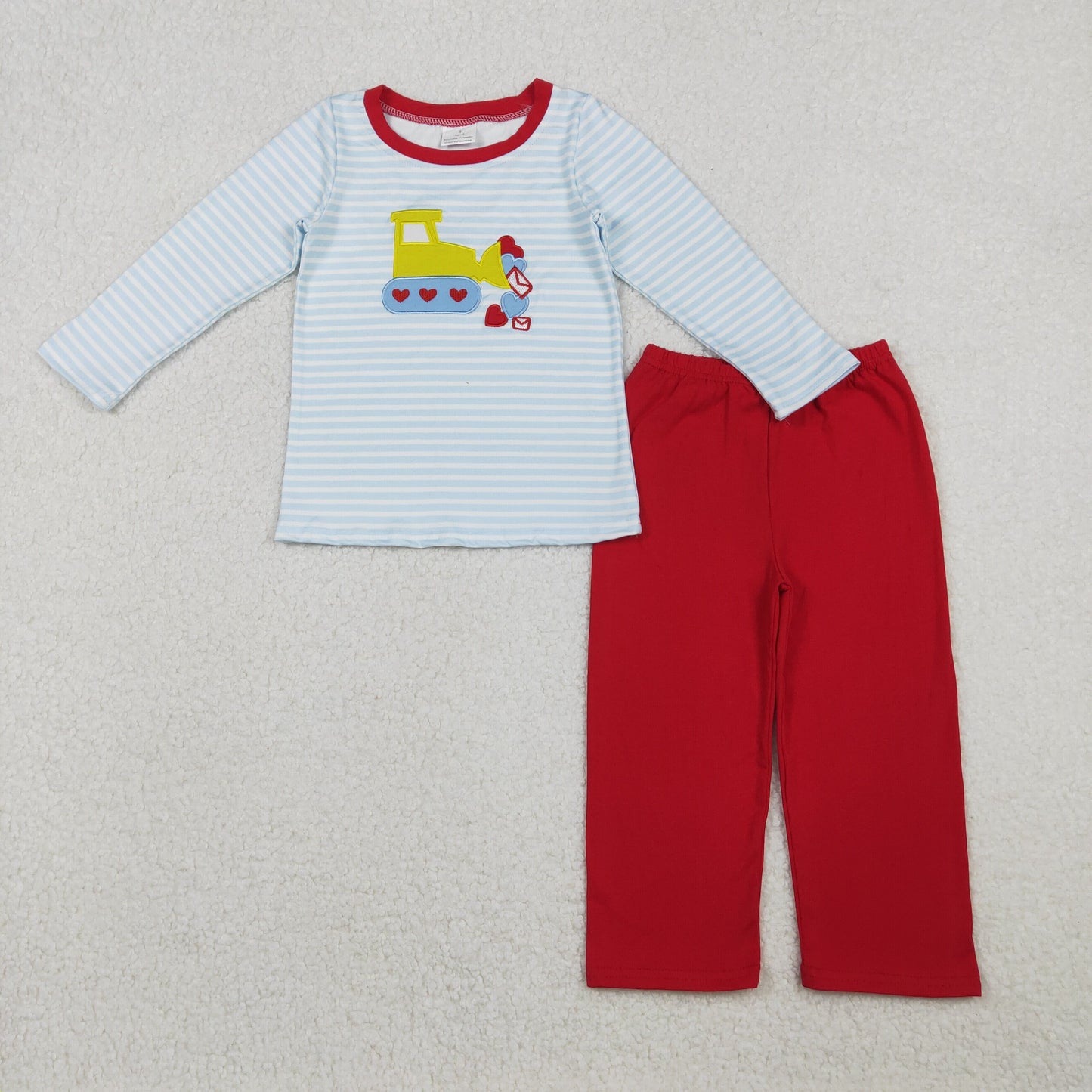 BLP1302 Embroidery Baby Boys Hearts Excavator Blue Stripe Top Pants Valentine Clothes Set C11.4