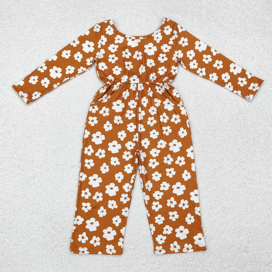 LR1838 Baby Girls Brown Flowers Long Sleeve Fall Jumpsuit