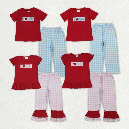 Sibling Baby Boys Girls Embroidery I Love Dad Mom Checked Red Shirt Pants Clothes Sets C11.1