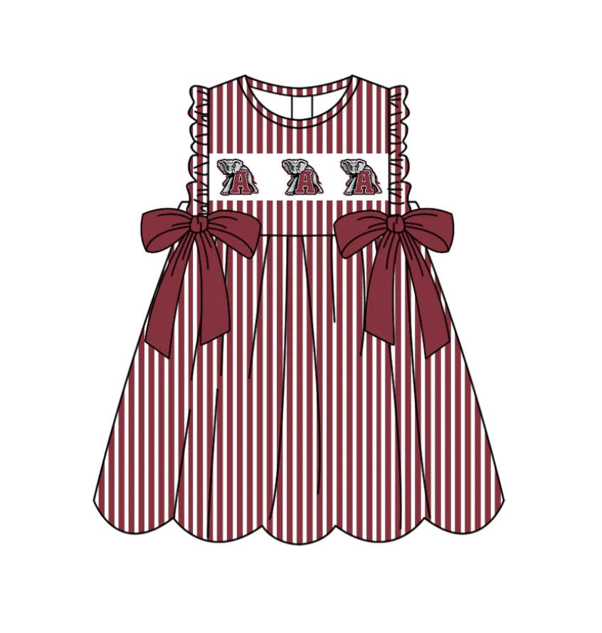 C11.28 Custom Moq 5 Baby Girls Sleeveless Dark Red Stripe A Elephants Bows Team Knee Length Dresses