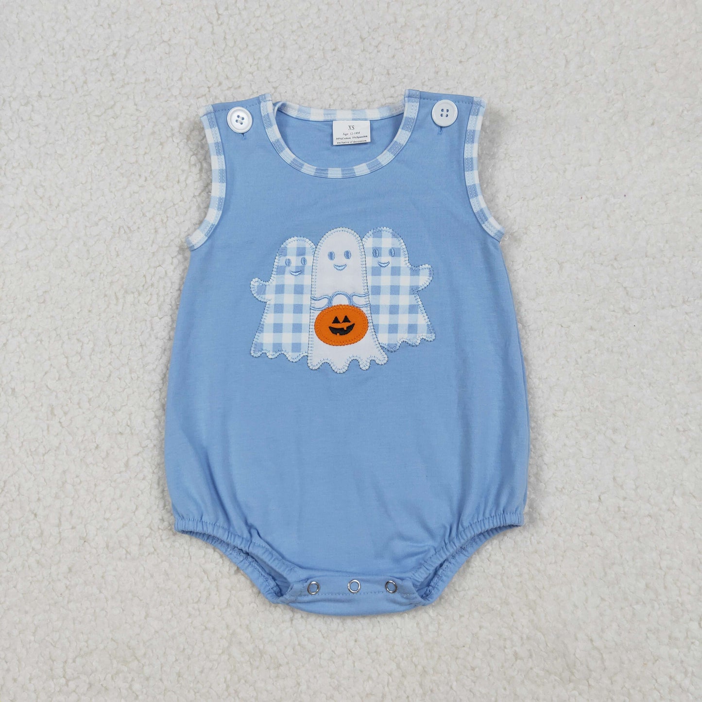 SR3197 Embroidery Baby Boys Blue Ghost Pumpkins Halloween Ruffle Romper