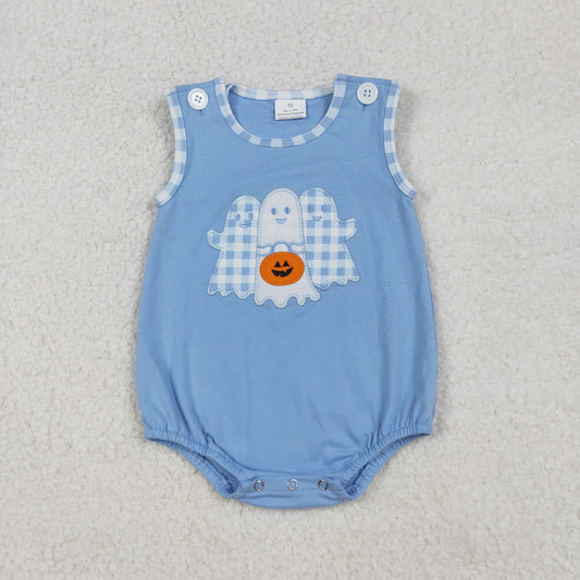 SR3197 Embroidery Baby Boys Blue Ghost Pumpkins Halloween Ruffle Romper