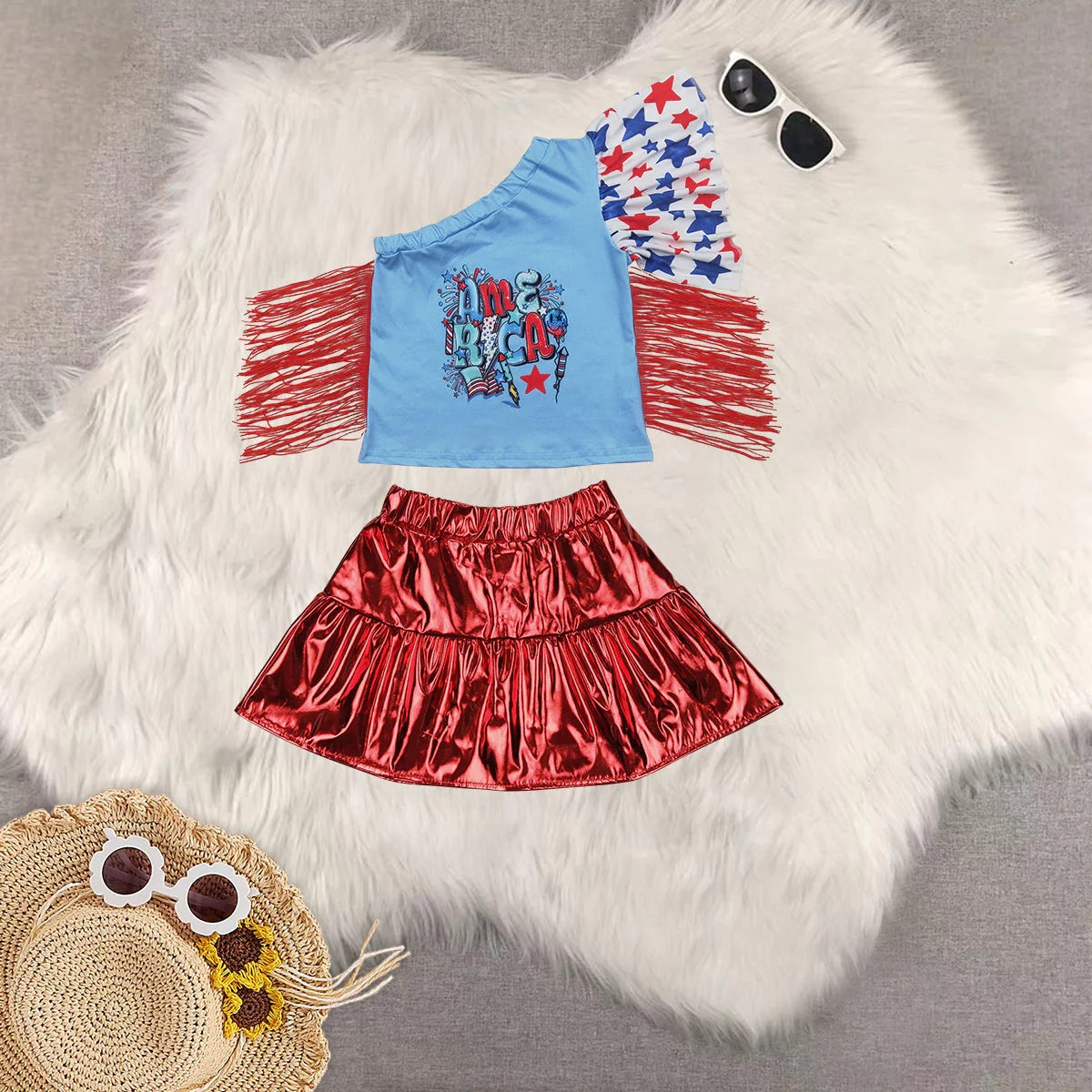 Sibling Baby Girls Short Sleeves Cow Stars Top Red Leather Skirts Western 4th Of July Sets 4.24