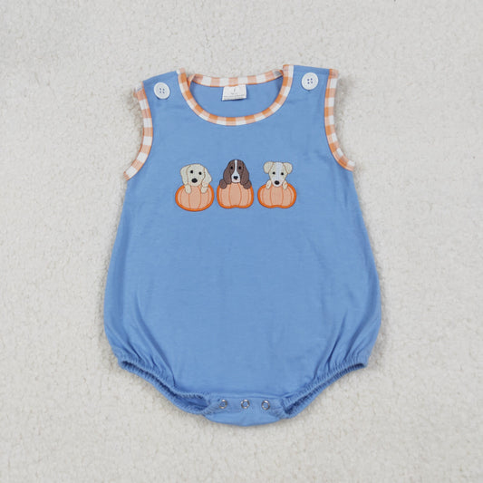 SR3190 Embroidery Baby Boys Blue Sleeveless Dogs Pumpkins Romper C9.17