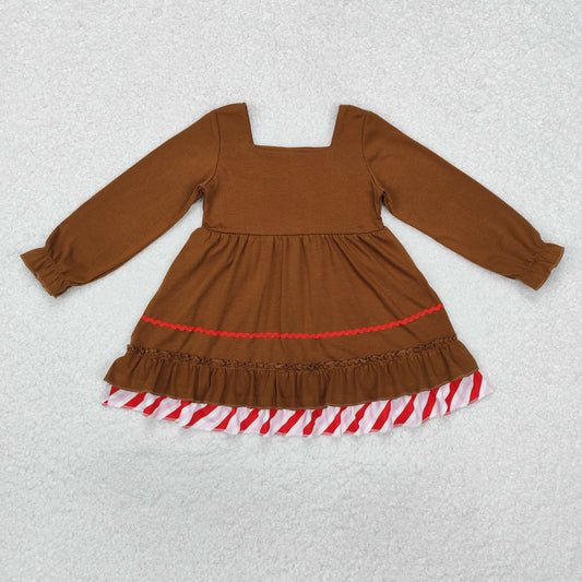 GLD0758 Baby Girls Brown Gingerbread Bow Knee Length Dress