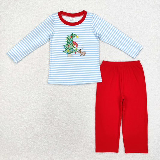 BLP0772 Embroidered Christmas Tree puppy pattern Blue striped long sleeve top Red pantsuit