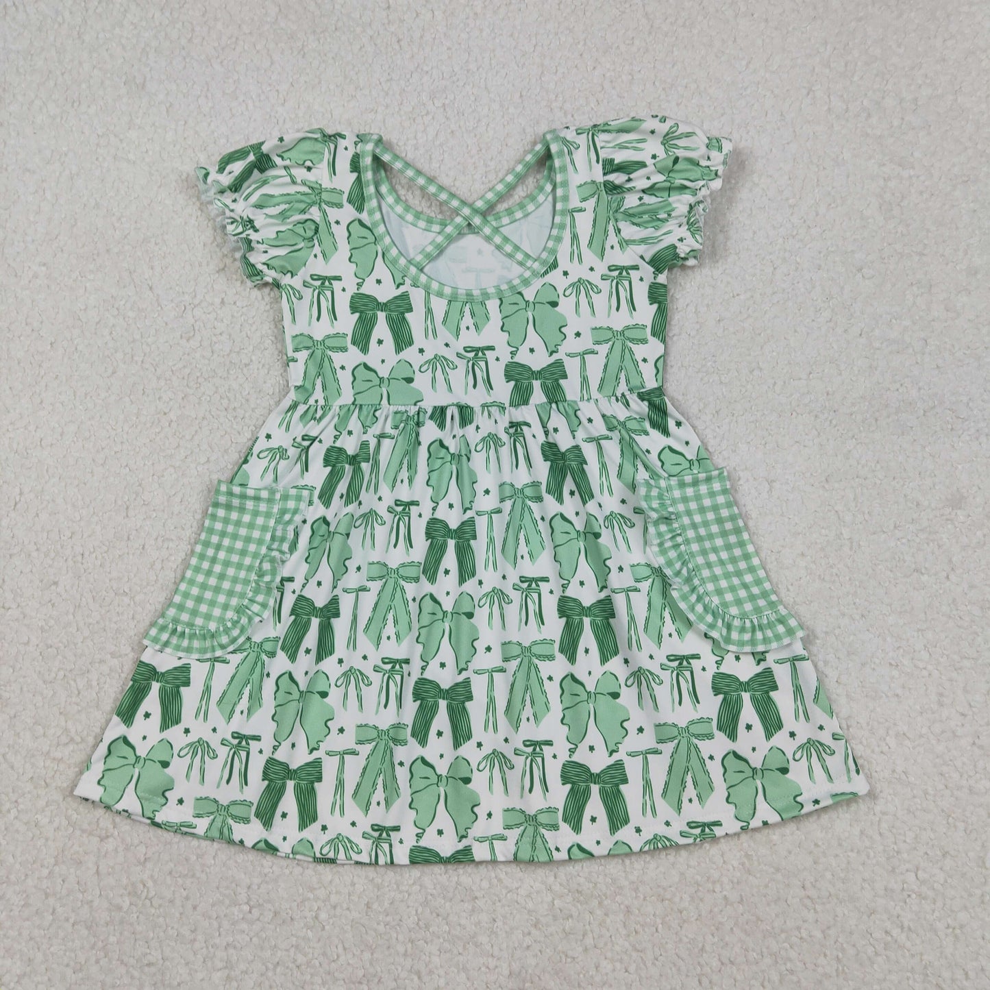 GSD2903 Baby Girls Green Clovers Bows St Patrick Pockets Knee Length Dress C12.5