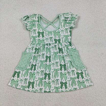 GSD2903 Baby Girls Green Clovers Bows St Patrick Pockets Knee Length Dress C12.5
