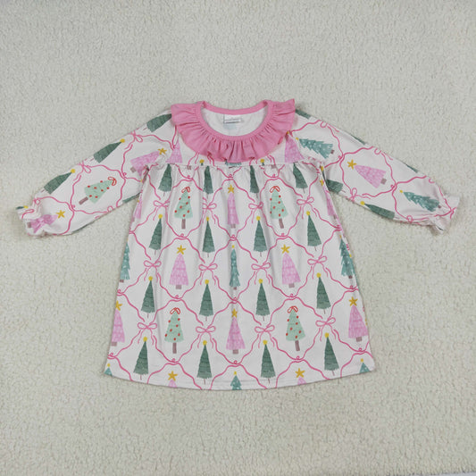 GLD1093 Baby Girls Girls Long Sleeves Trees Bows Plaid Knee Length Dress 6.3