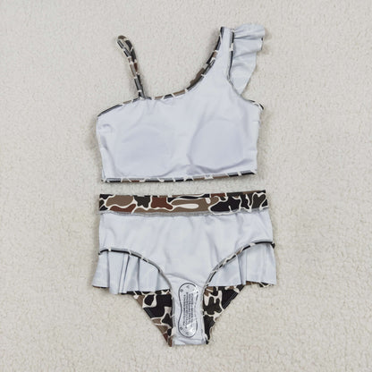 S0481 Baby Girls 2pcs Duck Browm Camo Ruffle Summer Swimsuit 5.5